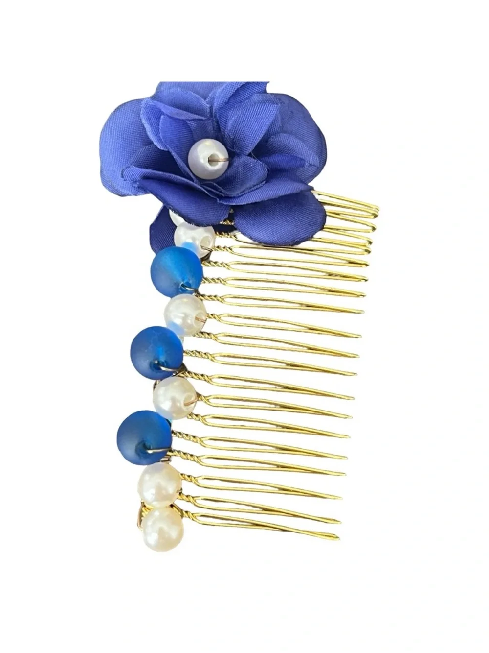 Gold Hair Comb with Blue Flower and Pearls - Women's Accessory FINAL PRICE DROP